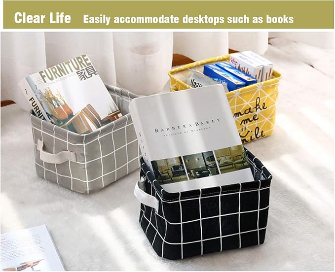 AARAINBOW 3 Packs Storage Basket Bins Canvas Mini Storage Cubes Storage Basket for Makeup, Baby Toys Liners, Books Nursery Storage Baskets with Handles for Shelves & Desks (Black+White+Gray)