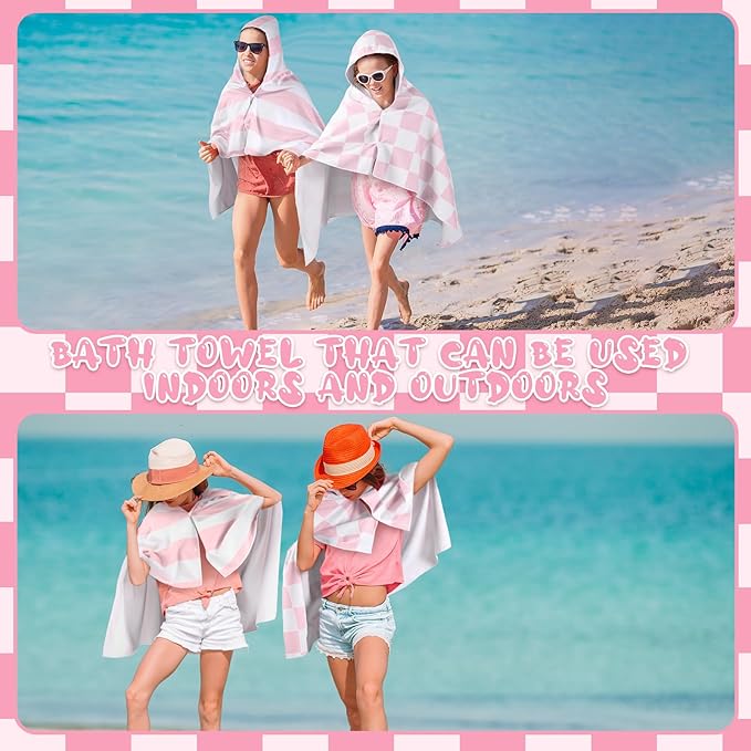2 Pcs Kids Hooded Bath Towel 50" x 30" Kids Hooded Beach Bath Towels Pink Microfiber Toddlers Towels Pool Beach Towel Wrap for 3-12 Years Girls Toddlers Swimming Cover up 2 Design(Stripe)