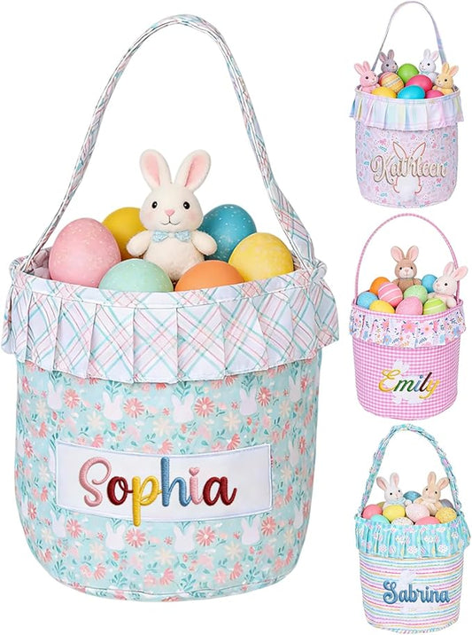 Personalized Easter Floral Bunny Basket for Kids, Custom Cute Rabbit Basket w/Embroidered Name, Customized Egg Hunt Storage Bags with Handles, First Easter Gifts for Newborn Baby Toddler Boy Girls