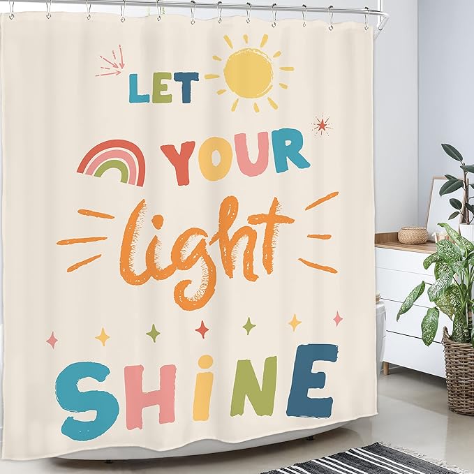 Homewelle Kids Quotes Shower Curtain Set Inspirational Cartoon Colorful Let You Light Shine Classical 60Wx72H Inch English Letter Sun Simple for Child Waterproof Polyester Fabric Bathroom Bathtub