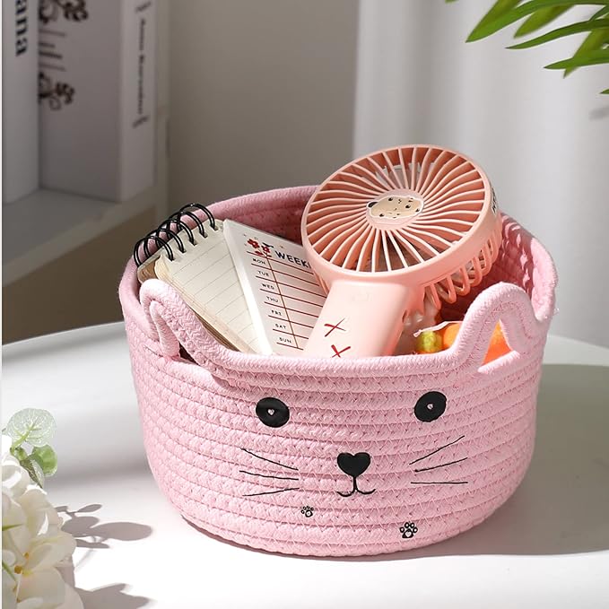 Zopeal Cat Basket Storage Woven Organizer with Ears Christmas Decorative Pet Toy Cute Cotton Rope Basket for Gift Cat Dog Toy Bin Nursery Room(8.3 x 4.7 Inch,Pink)