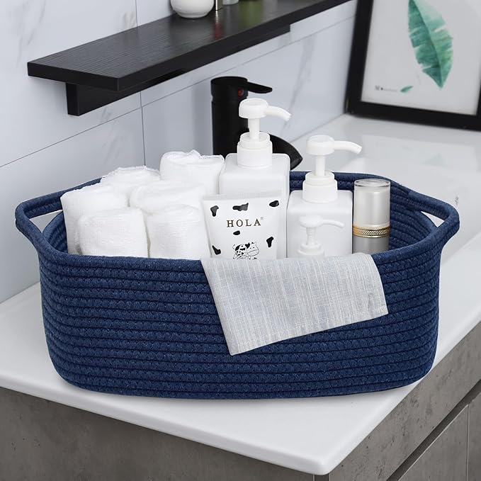 ABenkle Small Storage Basket with Handles, Cotton Rope Woven Dog Cat Toy Bin, Decorative Shelves Closet Organizing for Nursery Laundry Bedroom Bathroom, 14.2''x 11''x 5.1''