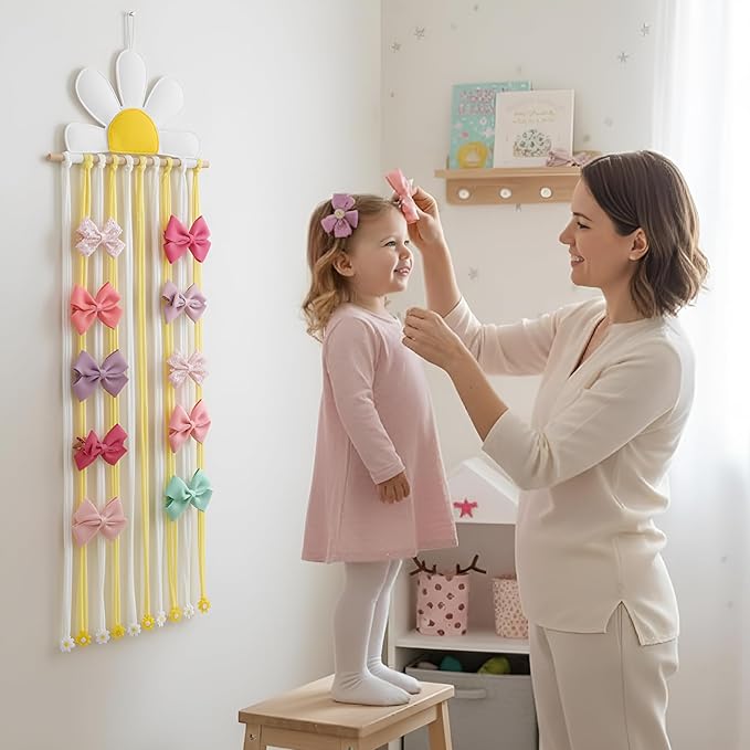 Long Bow Holder for Girls Baby White Daisy Hair Bows Clip Organizer 31.5 Inch Baby Hair Accessories Storage Display Hanging Decor for Girls Nursery Room Bedroom Living Room