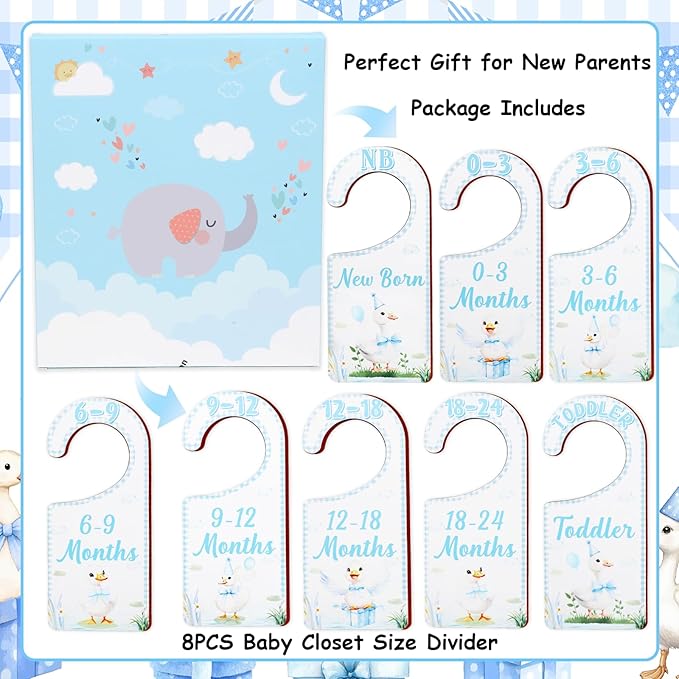Baby Closet Dividers 8PCS, Blue Goose Themed Wooden Double-Sided Clothes Size Hanger Organizer from Newborn to Toddler for Nursery Decor Baby Shower Birthday Gift