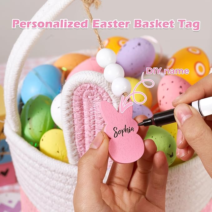 Easter Baskets for Kids, Pink Small Woven Rope Bunny Personalized Easter Basket Empty with Handle, Basket Name Tag, Baby Egg Easter Baskets for Girls Boys Toddler Babies Infant, 9" x 9" x 6.3"