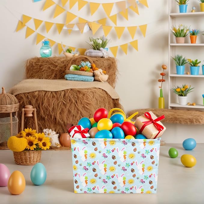 Easter Basket for Kid Large Empty Rectangular Cute Easter Gift Storage Basket Bunny Eggs Décor (Rabbit Butterfly Sun)