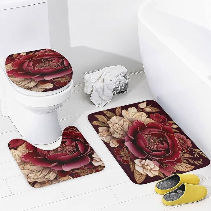 4Pcs Shower Curtain Set with Rugs Rug Toilet Lid Cover and Non-Slip U Shape Mat Elegant Burgundy Floral Waterproof Shower Curtain Red and White Floral for Bathroom Decor Set