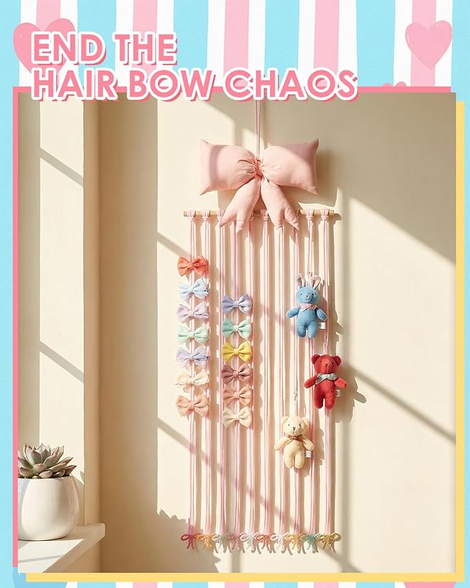 HAYVAN Bow Holder for Girls Hair Bows - 31.5"x11" Pink Bow & Hair Clip Organizer with Hanging Hook & Gift Card, Baby Bow Organizer and Nursery Room Decor