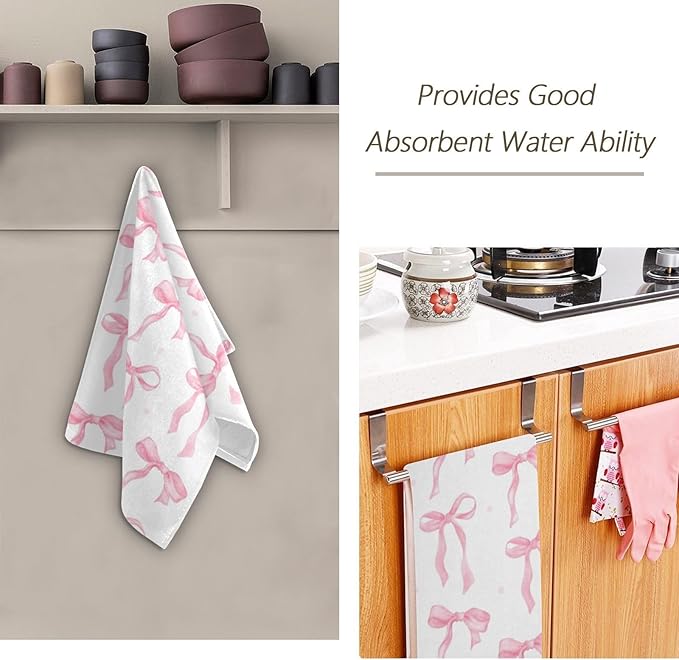 2 Pcs Cute Pink Bows Hand Towels for Bathroom,Soft Absorbent Decorative Watercolor Bowknot Kitchen Towels Aesthetic Girly Bow Pink White Guest Bathroom Towels for Bath,Face,Shower,Gym 14"x28"