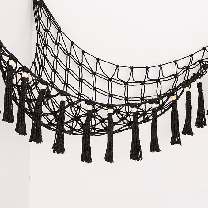 Stuffed Animal Toy Hammock Hanging- Macrame Toy Hammock with Tassels-Stuff Animals Organizer Storage Boho Large Corner Plush Toys Net Holder for Nursery, Play Room, Kids Bedroom (Black)