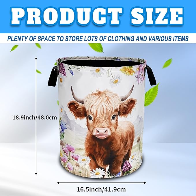 Highland Cow Laundry Basket Oxford Cloth Animal Flowers Laundry Hamper With Handle Foldable Portable Clothes Storage Basket 18.9 X 16.5 Inch Storage Bag For Laundry Room/Bathroom/Bedroom/Dormitories