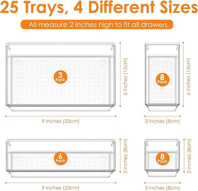 25 PCS Clear Plastic Drawer Organizer Set, Non-Slip/Crack Bathroom Vanity Drawer Organizer Trays Dividers, Versatile Storage Bins for Makeup, Jewelry and Office, Desk, Bathroom, Bedroom, Kitchen