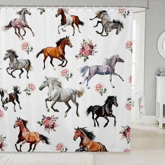 Horses Shower Curtains,Floral Plant Bathroom Curtains for Kids Teens Boys Girls,Wildlife Animal Theme Waterproof Bath Curtains,with 12 Hooks Suits for Bathtub, 72" W x 84" L,Romantic Spring