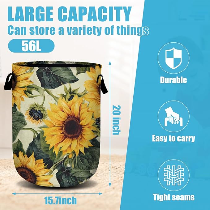 Retro Sunflower Laundry Basket, Floral Laundry Hamper Collapsible Oxford Cloth with Handle Clothes Toy Storage Bin for Bathroom Laundry Room Bedroom 15.7 X 20 Inch
