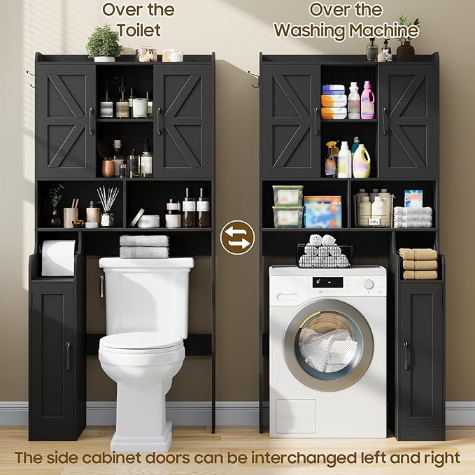 Over The Toilet Storage Cabinet, Bathroom Over Toilet Storage Organizer with Barn Doors & Paper Holder Stand, Farmhouse Space Saving Rack Cabinet with Adjustable Shelves for Bathroom, Laundry (Black)