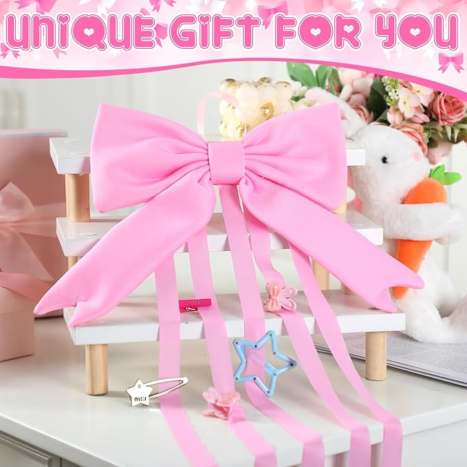 Weysat Bow Organizer for Girls Huge Bow Holder for Girls Hair Bows Claw Clip Organizer Wall Hanging Decoration Accessories with Five Ribbons Organizador De Moños Para Ninas for Room Decor (Pink)