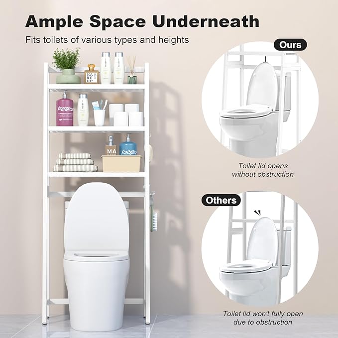 VASMIA Over The Toilet Storage,Bamboo 3-Tier Bathroom Organizer Over Toilet Storage Cabinet,Freestanding Space Saver with 3 Hooks White