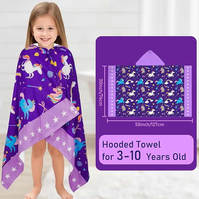 Hooded Towels for Kids Unicorn 50" x 30" Toddler Bath Beach Towel Poncho with Hood Super Soft and Absorbent 100% Microfiber for Girls Ages 3-10