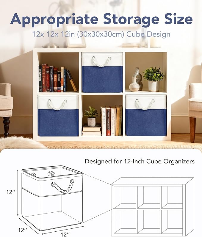 12x12 Storage Cube Bins, 6 Pack Reinforced Bottom Cardboard Foldable Box, Organizer for Closet Shelves, Heavy Home Storage Baskets (White Blue)