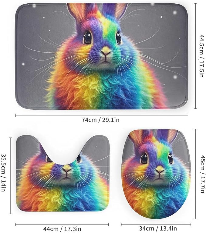 4 Piece Bathroom Rug Set with Shower Curtain, Non-Slip Bath Mat Toilet Cover Set, Rainbow Rabbit Bathroom Rug Sets