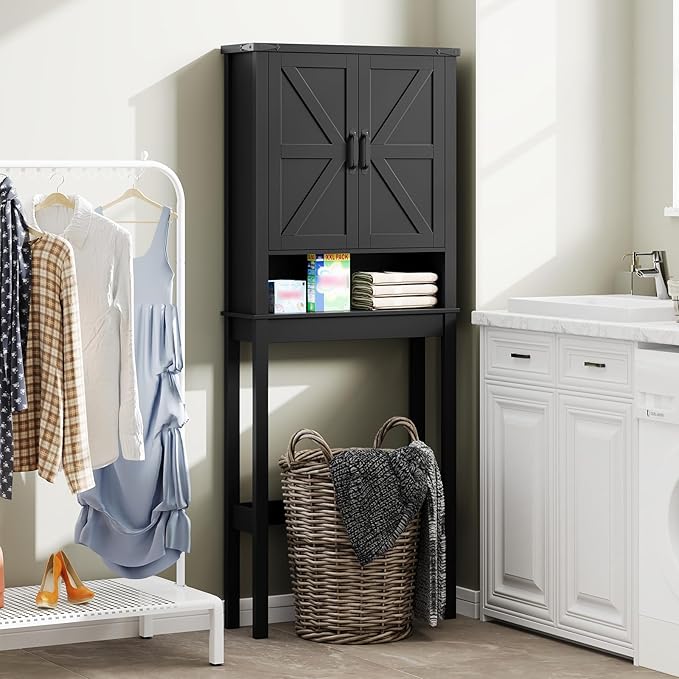Over The Toilet Storage Cabinet, Farmhouse Over Toilet Bathroom Organizer with 2 Barn Doors, Narrow Above Toilet Storage Cabinet, Behind Toilet Bathroom Organizer, Black