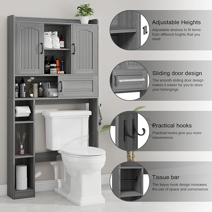 Vabches Farmhouse Over The Toilet Storage Cabinet with 2 Barn Doors & Sliding Door, Over The Toilet Bathroom Organizer with Open Storage Layer and Adjustable Shelves & Hooks.Grey