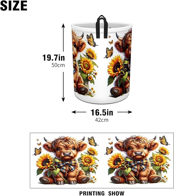 Sunflower Highland Cow Baby Laundry Hamper,kids laundry Basket,Waterproof Storage Bin for Bedroom,Clothes Organizer Basket,Toys Box,Room Decor