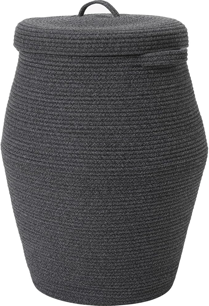 26" x 20" Handcrafted Tall Cotton Rope Basket with Lid, Stylish Flagon Shape with Cover, Clothes Hamper with Top, for Bedroom and Living Room, All Grey Black Mix