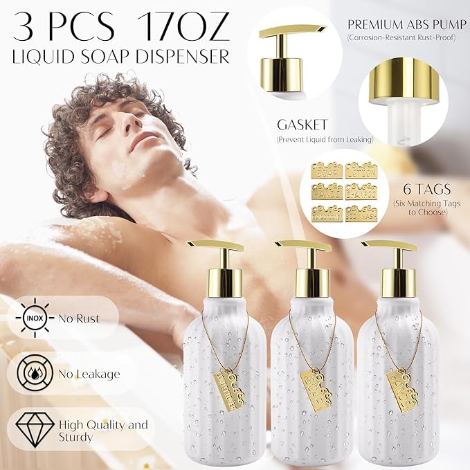 17PCS Bathroom Accessory Set Bathroom Set White and Gold Bathroom Accessories,Toilet Brush, Trash Can, Qtip Holder Dispenser& 3PCS Soap Dispenser