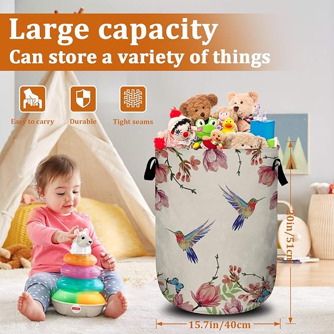 Colorful Flower Bird Butterfly Laundry Basket with Sturdy Handles, Retro Floral Collapsible Oxford Cloth Laundry Hamper Organizer Basket for Bathroom Bedroom 15.7x20 Inch