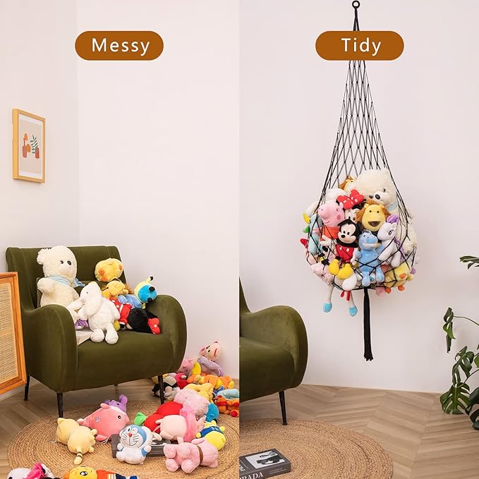 Novel Stuffed Animal Net or Hammock-Ceiling Hanging Net 6.5Ft- One Hook Only! Convenient for Corners, Walls and Ceiling Hanging Net, Stuff Animal Storage for kid room Bedroom Playroom-Black