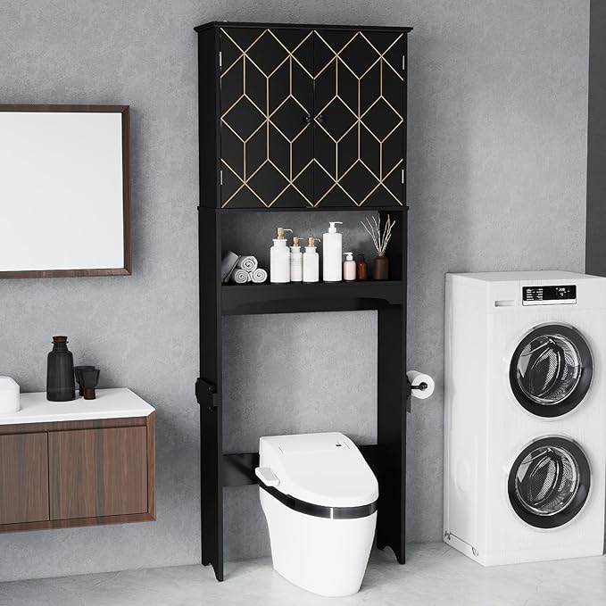 HLR Over The Toilet Storage Cabinet with Gold Trim, Over Toilet Bathroom Organizer with Adjustable Shelves and Toilet Paper Holder, Above Toilet Storage Cabinet Spacesaver for Bathroom (Black)