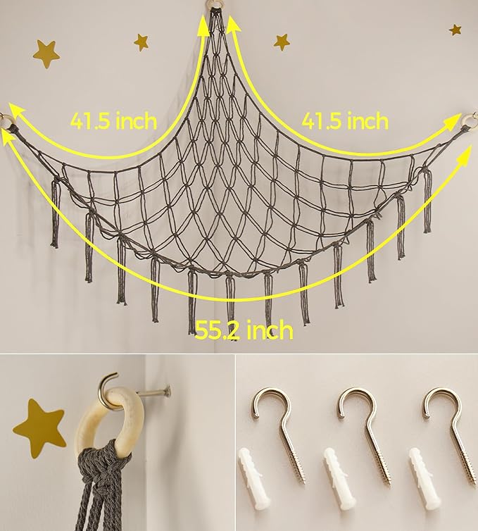 Stuffed Animals Hammock Net Corner-Hanging Stuff Animal Toy Storage Organizer for Plush Plushie Room Bedroom Nursery Decor Toy Storage Organization