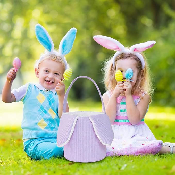 Easter Bunny Basket, Cute Easter Bucket Bags with Rabbit Ears for Easter Eggs Hunting, Plush Easter Bunny Basket, Easter Tote Bags for Candy Storage Decorations (Purple)
