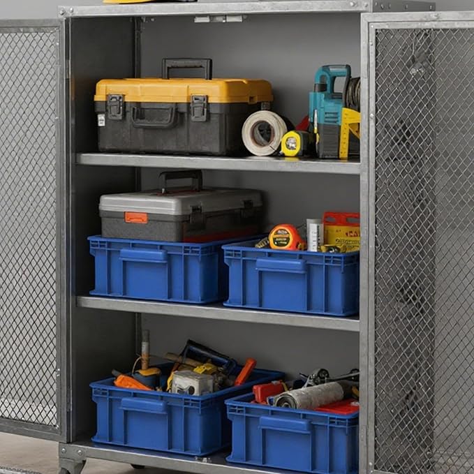 Heavy Duty Plastic Storage Bin, Stackable Organizer for Tools, Parts, and Hardware, Durable Storage Box for Factory, Workshop, And Garage, Blue, 3-Pack