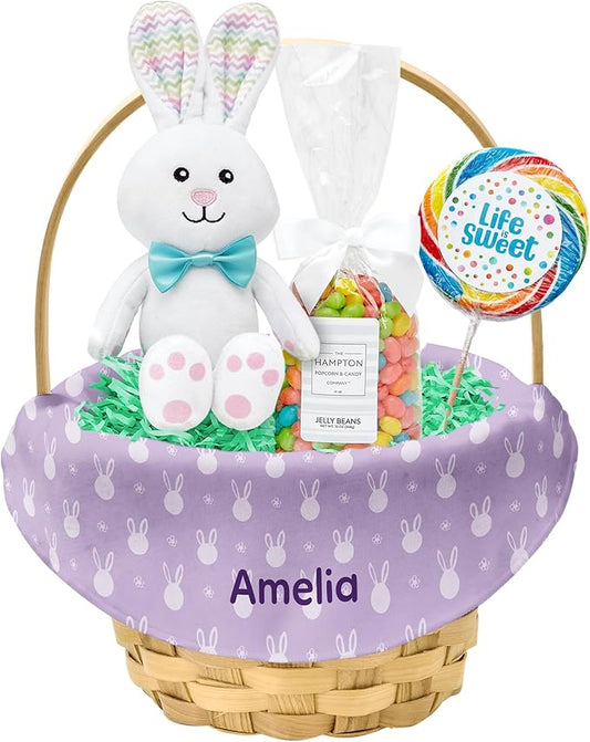 Let's Make Memories Personalized Easter Basket for Kids - For Boys - For Girls - Create Your Own - Fillable - Wicker - Easter Basket Stuffers - Small - Purple Bunny Faces