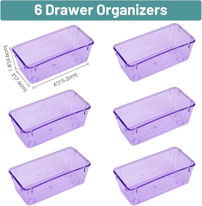 WOWBOX 6 PCS Clear Plastic Drawer Organizer Set, Desk Drawer Divider Organizers and Storage Bins for Makeup, Jewelry, Gadgets for Kitchen, Bedroom, Bathroom, Office, Purple