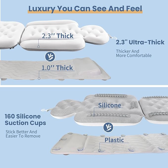 Luxury Bath Cushion, Full Body Bathtub Pillow with 160 Suction Cups, Bath Mat for Head and Neck Support, with Laundry Bag (White, 51" x 16")