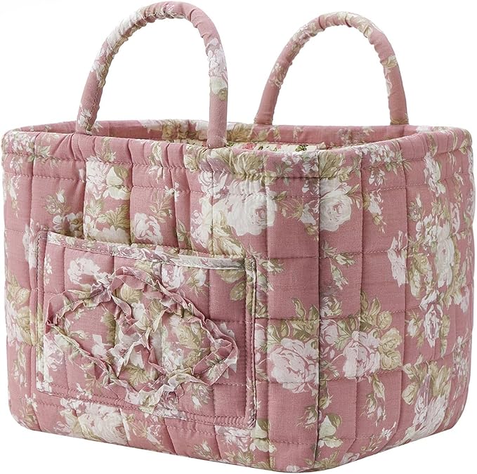 Boho Fabric Storage Basket, Large Capacity Laundry Basket, 12.2'' x 10.23'' x 10.23'' Collapsible Laundry Hamper with Easy Carry Handles (Dark Khaki, L)