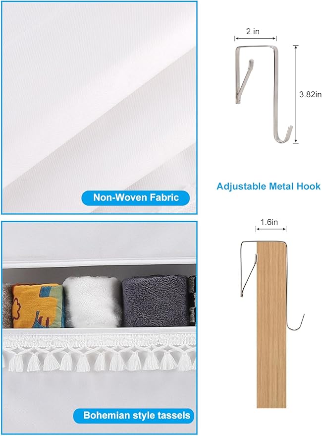 Over the Door Organizer - Boho Nursery Hanging Organizer with Tassels -Oxford Behind Door Storage for Bedroom, Bathroom, Closet, Dorm, Pantry, Diapers, 4 Shelves, White