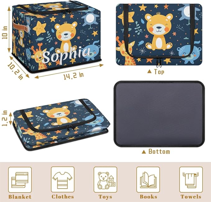 Custom Cute Animals Storage-Bin With Zipper Lid for Kids-Girls-Boys-Baby-Pet,Personalized Name Foldable Storage Box with Handle,Baby Basket With Label for Bedroom Nursery Toy Clothes,Blue