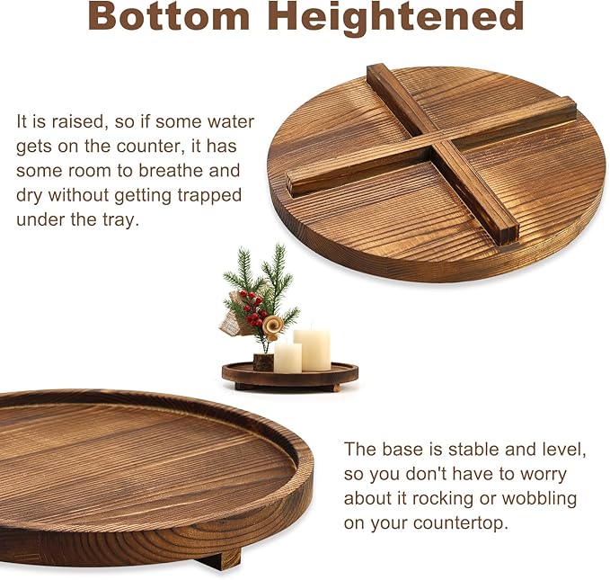 12 inch Large Round Decorative Tray Wood Bathroom Counter Organizer Farmhouse Kitchen Decor Wooden Riser for Perfume Soap Dish Wood Decorative Candle Holders for Home Decor Brown Table Centerpieces