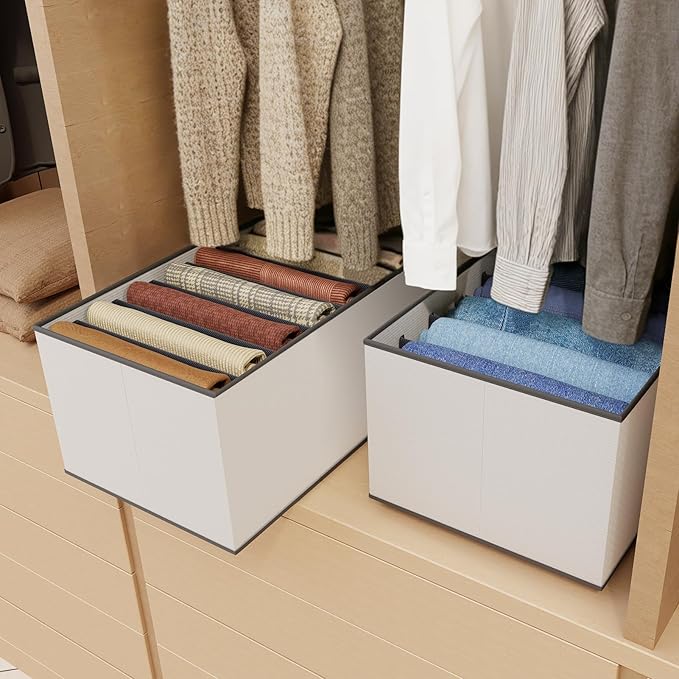 2 Pack Wardrobe Closet Organizer and Storage for Clothes - 7 Grids Foldable Drawer Dividers Organizers for Jeans | Pants | Shirts | Leggings, Stackable Clothing Bins for Closets Organization