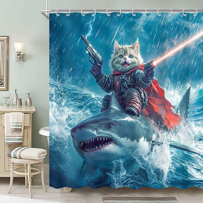 70x75 Inch Funny Cat Riding Shark Waterproof Shower Curtain - Blue Ocean Bathroom Decor with Hooks, Humor Polyester Bathtub Curtain for Kids Teens Adults