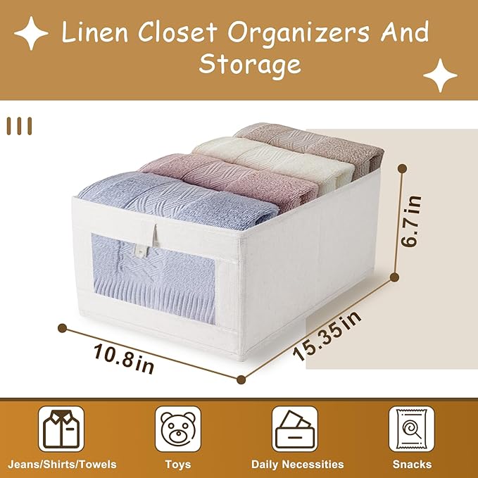 3 Pack Linen Storage Bins with Clear Window - Foldable Fabric Closet Organizer Shelf Baskets for Clothes, Toys, Towels, Jeans, Books, Shelves, 16"x11"x7" (Beige)