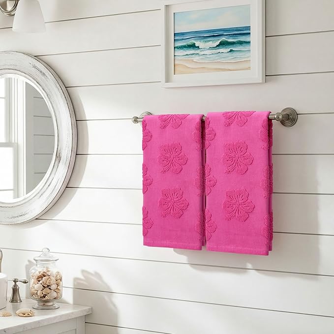 2 Pcs Hibiscus Hand Towels for Bathroom Rose Red Hibiscus 100% Cotton Jacquard Weave Hand Towels Absorbent Soft for Spring Summer Home Bathroom Kitchen Decor, 29.5 x 13.8 Inch