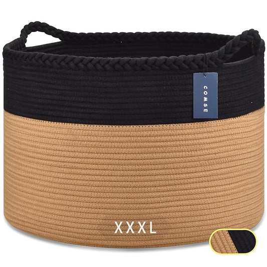 COMSE Extra Large Blanket Basket, Woven Laundry Basket, 21.7”x 13.8”, Nursery Hamper, Cotton Rope Laundry Hamper Living Room for Storage Toys Clothes Towels (Black & Camel)