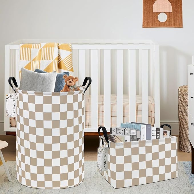 FANKANG Storage Basket, Nursery Hamper Canvas Laundry Basket Foldable with Waterproof PE Coating Large Storage Baskets for Kids Boys and Girls, Office, Bedroom, Clothes,Toys(Beige flag)