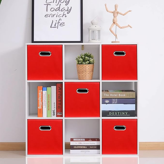Fabric storage bins Cubes, Fabric Cube Organizer with Handle, Foldable Cube Bins for Cloth or Accessary Storage, 11x11x11, Set of 6, (Red)