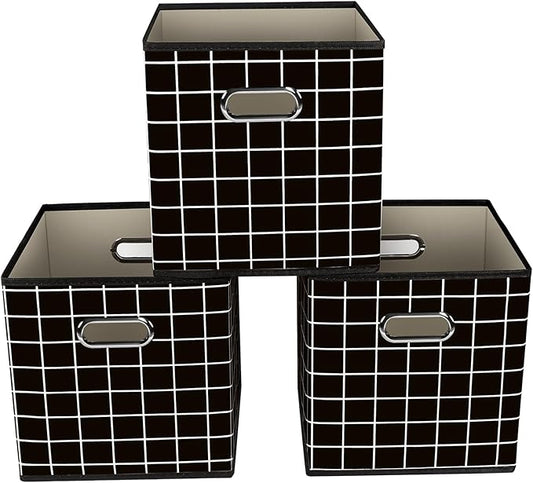 Yunkeeeper storage bins Cubes, Fabric Cube Organizer with Handle, Foldable Cube Bins for Cloth or Accessary Storage, 11x11x11, Set of 3,(Black grid)